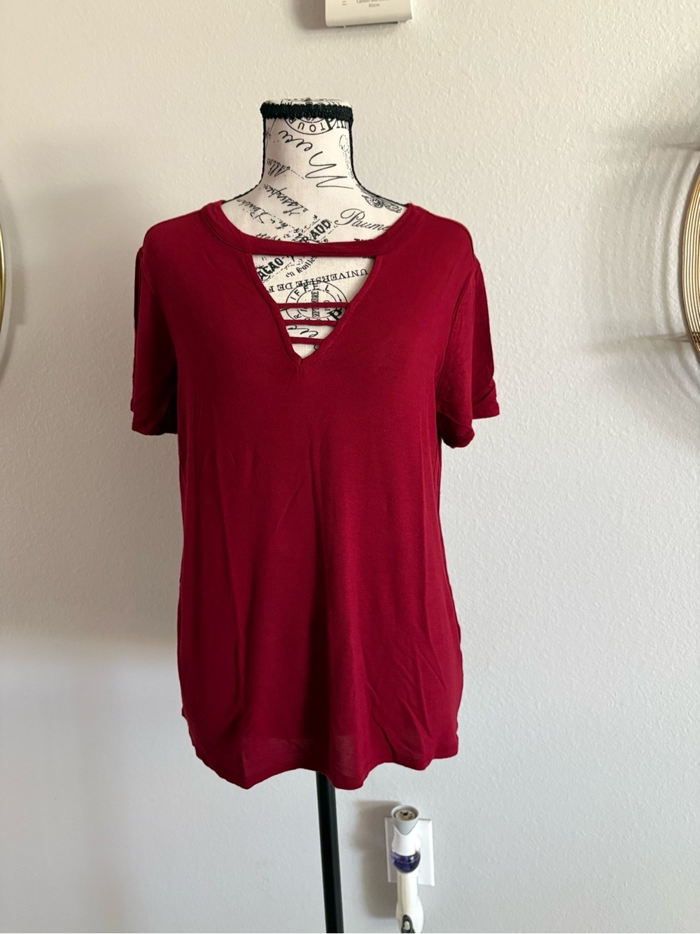 Jennifer Lopez Deep Red V-Neck Short Sleeve Top with Strappy Detail
